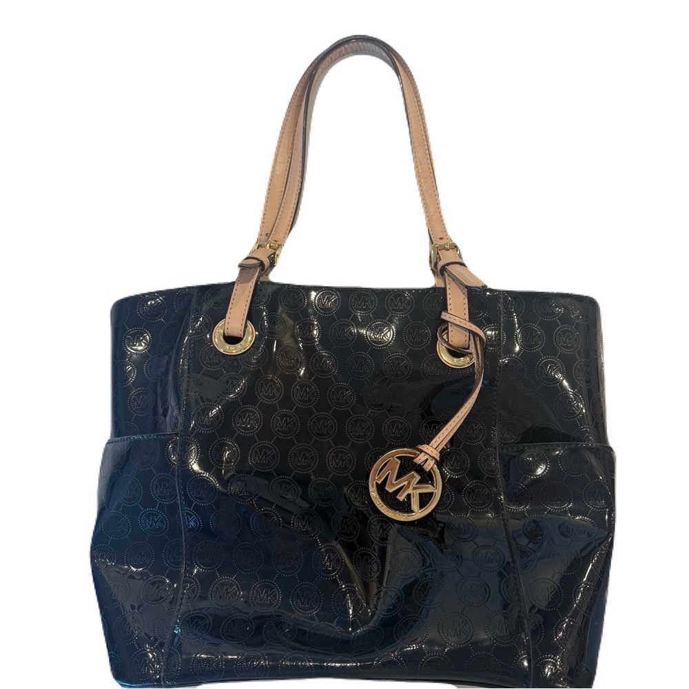 Michael Kors Black Patent Leather Handbag with Gold Accents